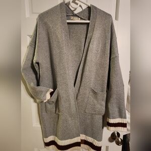 Cozy Grey Open-Front Cardigan with Striped Cuffs